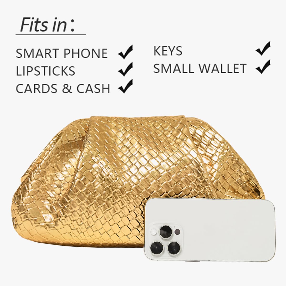 MXCMXC Women’s Woven Evening Bag Clutch Purse, Elegant Dumpling Handbag PU Leather Ruched Bag for Party Cocktail Wedding (Gold)
