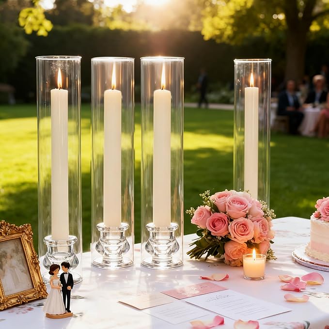 6 Set Hurricane Glass Candlestick Holders 12.6" Two Side Open Glass Candle Holders and 2.2" Taper Candlesticks Holder Bulk for Table Centerpiece Wedding Christmas Home Decor