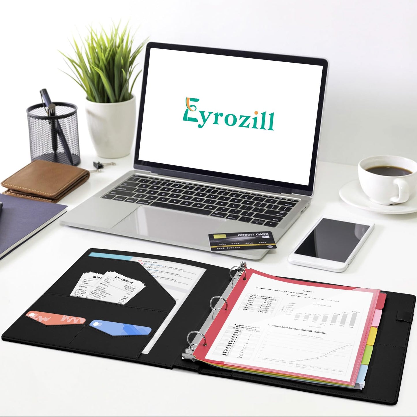 Eyrozill Professional Leather Binder Portfolio with Clipboard, Zipper Pouch, 5 Sheets Plastic Dividers，Leather 3 Ring Binder 8.5 x 11, 1-inch Round Rings, Professional Binder Organizer, Black