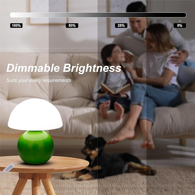 Small Mushroom Lamp,USB-Plug in Bedside Table Lamps with 3-Temperature LED Bulb Dimmable,Unique Cute Aesthetic Home Decor for Living Room,Bedroom, Modern Ceramic Base Glass Lamp(Green)