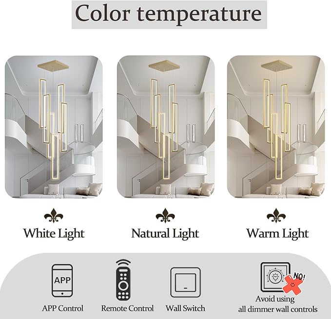 Flashing God Modern Chandelier,Gold Chandeliers with 6 Ring Led Foyer Chandeliers,Larger High Ceiling Chandelier for Living Room,Rectangle Chandelier for Entryway Staircase LED Dimming 2700k-6001k