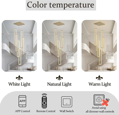 Flashing God Modern Chandelier,Gold Chandeliers with 6 Ring Led Foyer Chandeliers,Larger High Ceiling Chandelier for Living Room,Rectangle Chandelier for Entryway Staircase LED Dimming 2700k-6001k