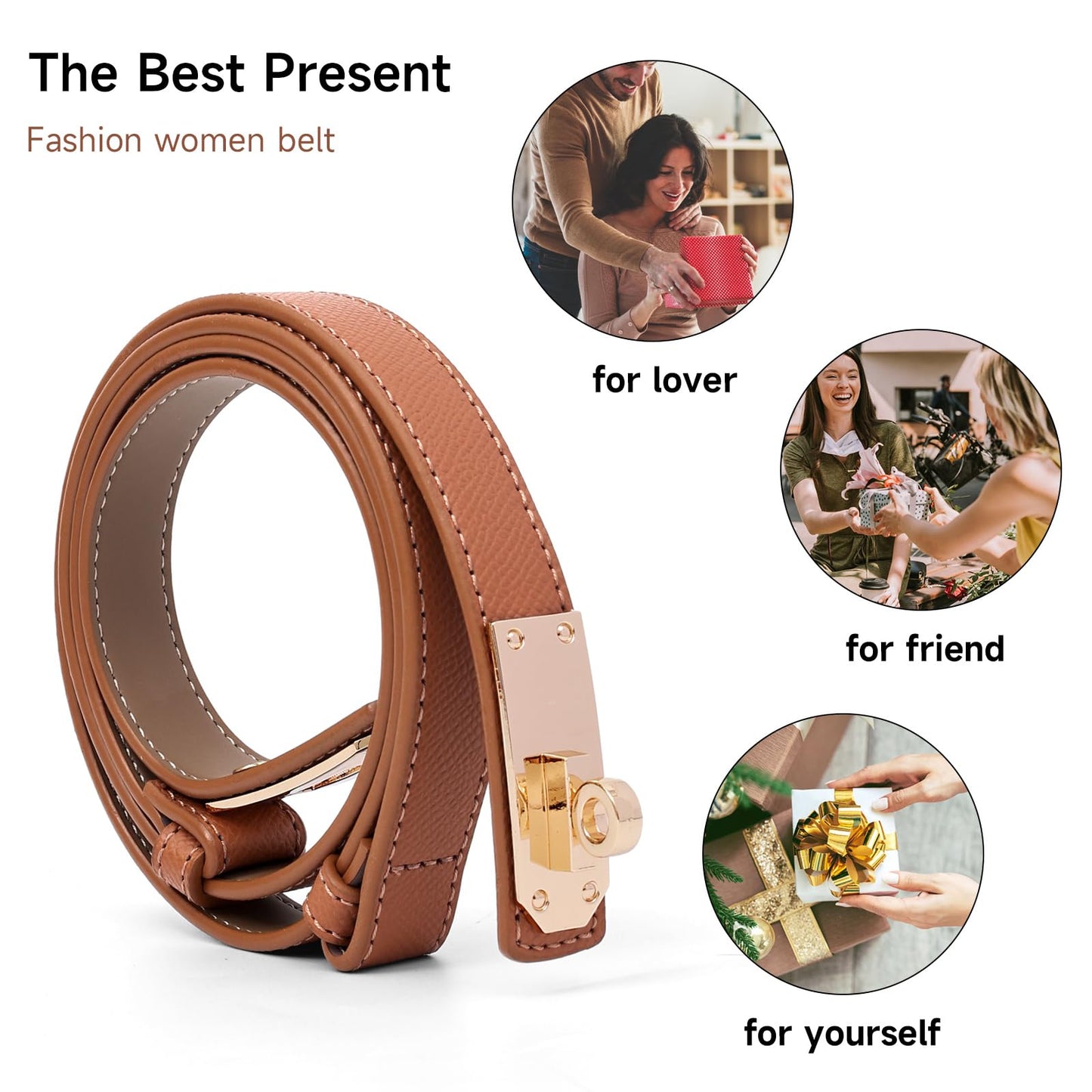 Asaloy Women's Thin Leather Belts with Turn Lock Buckle,Belt Women Adjustable for Pants Dresses Jeans Coats (Caramel Gold Buckle+Black Gold Buckle（2 piece）, Waist Size Below 37 Inches)
