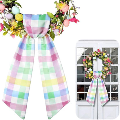 Wreath Sash for Front Door Wreath Satin Sash Blank Sashes Embroidery Monogram Yard Doorway Indoor Outdoor Wall Ribbon Bow Home Decor(Pastel,Easter Buffalo Plaid)