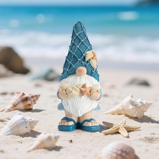 Garden Sea Gnome Statue Decoration Indoor Resin Beach Gnome Sculpture for Home Office Desktop Bathroom, Summer Pool Decoration Gifts (Holding a Shell)