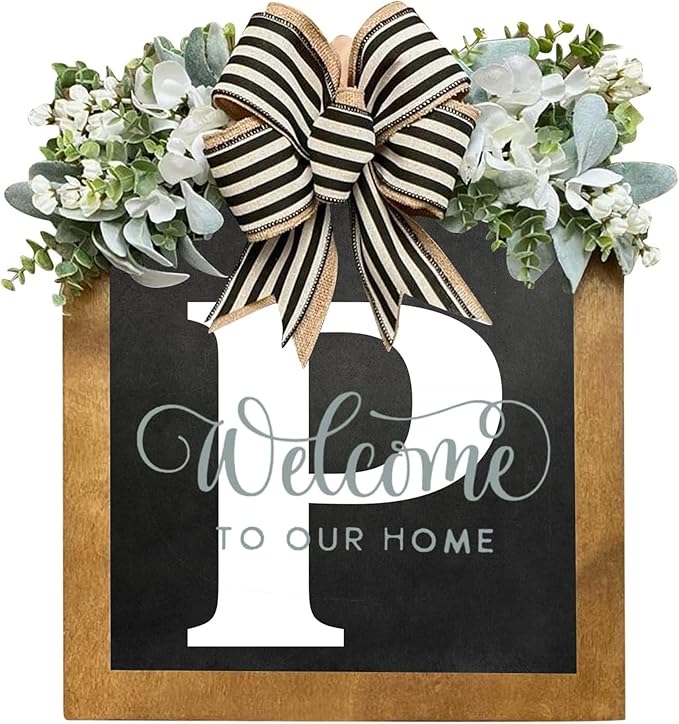 16'' Personalized Last Name Welcome Sign, Door Wreaths for Front Door Outside, Spring Wreath for Front Door Decor, Farmhouse New Home Gifts for Home (P)
