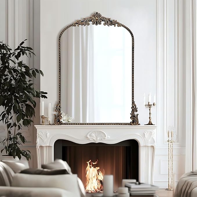 Growsun Vintage Black Arched Mirror, 24’’x36’’ Antique Baroque Ornate Wall Mirror Decor with Full Metal Frame for Fireplace/Entryway/Living Room/Bathroom