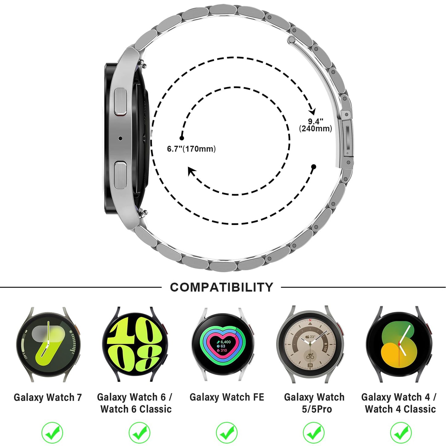 Anlinser No Gap Bands Compatible with Samsung Galaxy Watch 7/6/5/4/FE Band 44mm 40mm/Watch 6 Classic Band 47mm 43mm/Watch 5 Pro 45mm/Watch 4 Classic, 20mm Metal Strap for Women Men, Silver