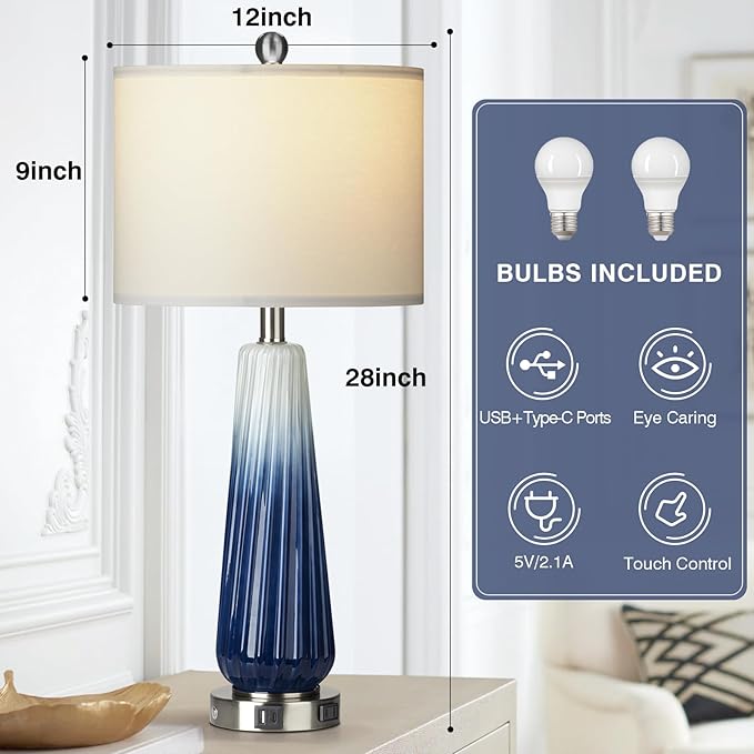 28" Glass Table Lamp Set of 2, Modern Table Lamps with USB A+C Ports & AC Outlet, Touch Control Bedside Nightstand Lamp with LED Night Light & White Fabric Shade for Living Room Blue(4 Bulbs Included)