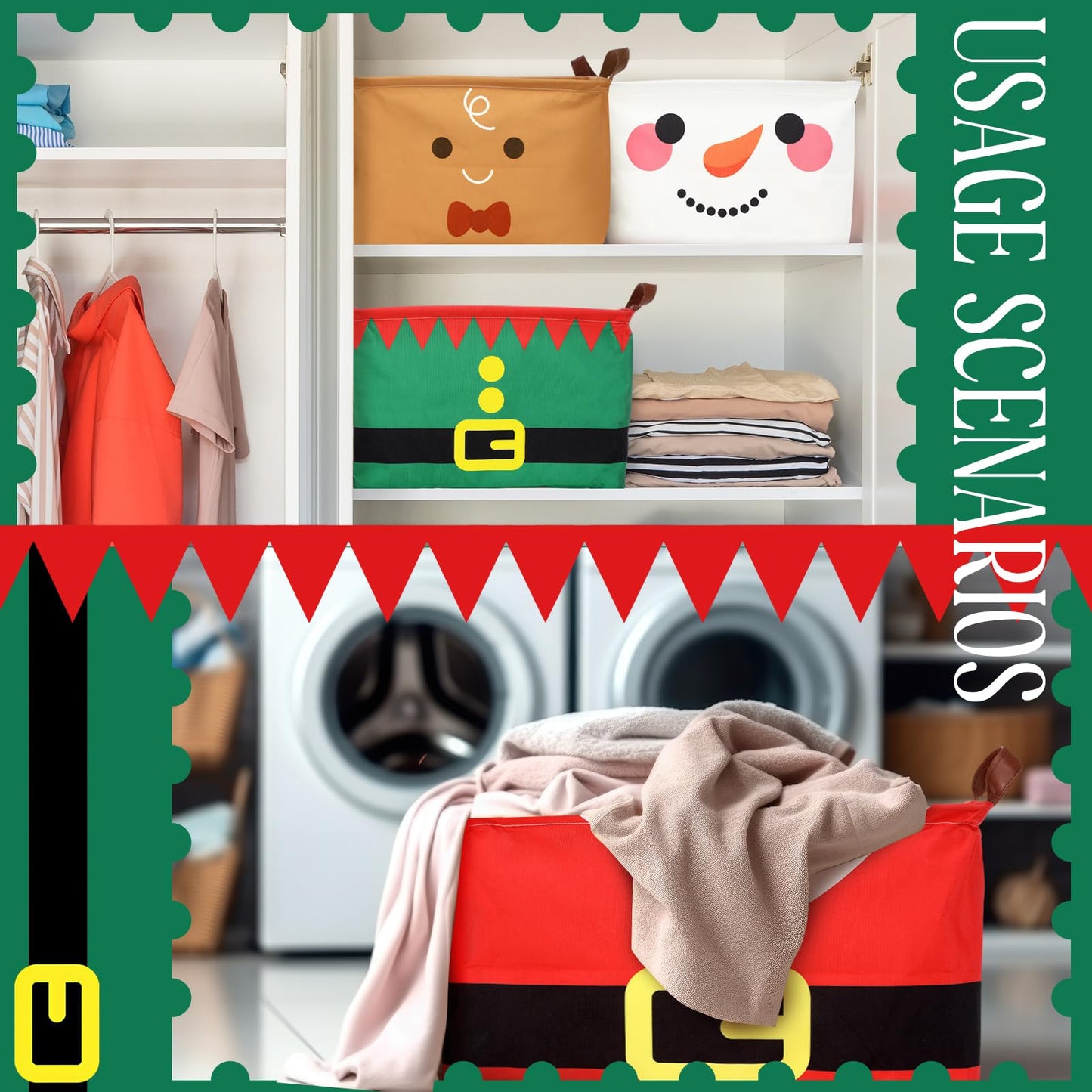 Wesnoy 4 Pcs Christmas Storage Bins 14.2 x 8.7 x 9.5 Inch Red Green Santa Claus Gingerbread Foldable Christmas Baskets for Gift Collapsible Xmas Organizer Cube Box with Handle for Office Home Bedroom