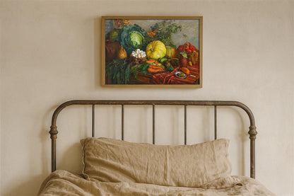Rustic Harvest Still Life Wall Art Vintage Oil Painting Reproduction with Pumpkin, Cabbage, Carrots & Basket for kitchens, dining rooms, farmhouse cabins, restaurants, or rustic cafés that embrace a vintage countryside theme (12" x 18"-UNFRAMED)
