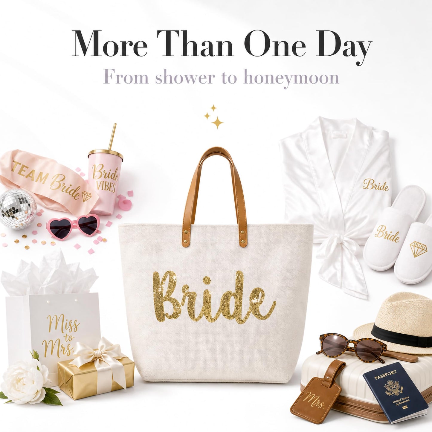 Mud Pie Bride Tote Bag, Bridal Shower Gift with Gold Sequin Script, Bridal Bag With Vegan Leather Handles