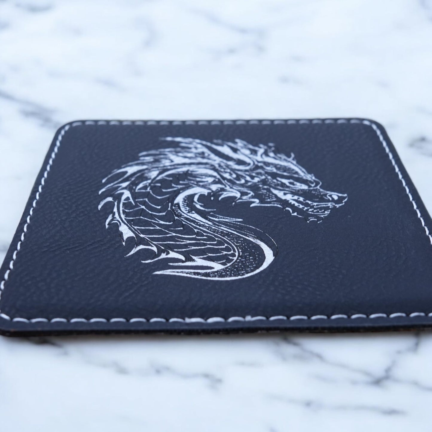 Coaster - Dragon - SET OF 2 - Leather or Stitched Cork (Black/Silver)