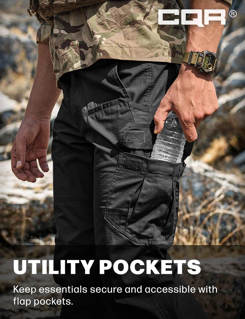CQR Men's Tactical Pants, Water Resistant Ripstop Cargo Pants, Lightweight EDC Work Hiking Pants, Outdoor Apparel, Raider Black, 30W x 32L