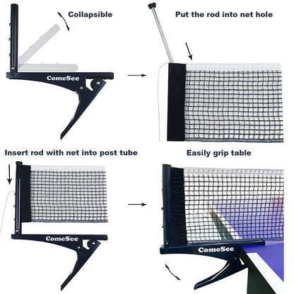 Comesee Kioos Collapsible Table Tennis Net Professional Steel Pingpong Net Clip Grip Mesh Training Competition Portable Tension Adjustable Post (Navy)