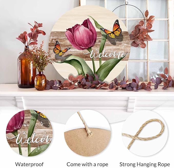 Farmhouse Front Porch Decor Door Hanging Retro Beautiful Tulip Butterfly 12in Round Wooden Hanging Housewarming Home Decor Present