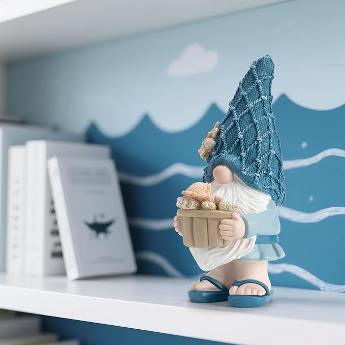 Garden Sea Gnome Statue Decoration Indoor Outdoor Resin Beach Gnome Sculpture for Home Office Desktop Bathroom, Summer Pool Decoration Outdoor Gifts (Conch)