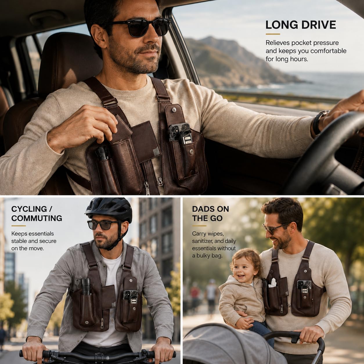 Double Shoulder Armpit Bag for Men, Anti-Theft Underarm Shoulder Bag, Adjustable Armpit Bag, Multi Pocket Crossbody EDC Bag for Travel Everyday Carry, Fits Up to 6.2" Phones (Slim Fit), Brown