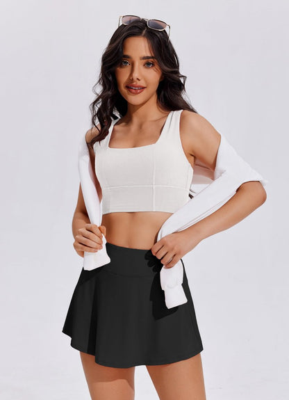 PINSPARK Tennis Skirts Skorts for Women Tummy Control Black Skorts Athletic Skirt Pleated Golf Skirts with Pocket,Black X-Small
