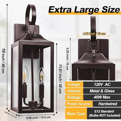 Oil Rubbed Bronze Dusk to Dawn Outdoor Wall Lighting, 19" Large Outside Modern Wall Sconce Lantern, Industrial Porch Light Wall Mount, Waterproof Farmhouse Exterior Lamp 2-Light Brown