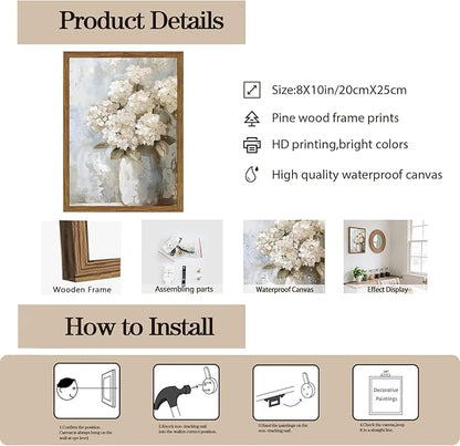 Framed Vintage Canvas Wall Art, White Hydrangea Floral Wall Decor Paintings, Flower Pictures Prints Aesthetic Home Decor for Living Room Bedroom Bathroom Office 8x10 inch