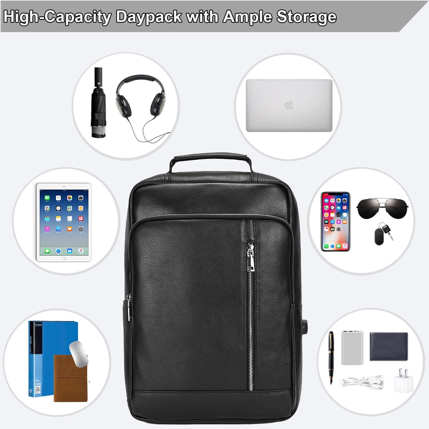 Yevabo Genuine Leather 15.6 Inch Laptop Backpack for Men, Multi Pocket Slim Daypack Shoulder Bag with Trolley Sleeve for Business Travel (Black)