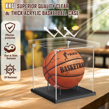 KKU Basketball Display Case, Acrylic Clear Full Size Basketball Case with Solid Wood Base,UV Protected Soccer Basketball Display Stand for Autographed Standard Memorabilia Keepsake, Black