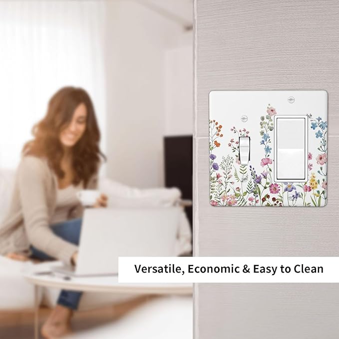Rustic Wild Floral Vintage Watercolor Flower 2 Gang Combination Light Switch Cover Decorative Toggle Rocker/Decora Wall Plate Electrical Faceplate for Bathroom Kitchen Home Decor