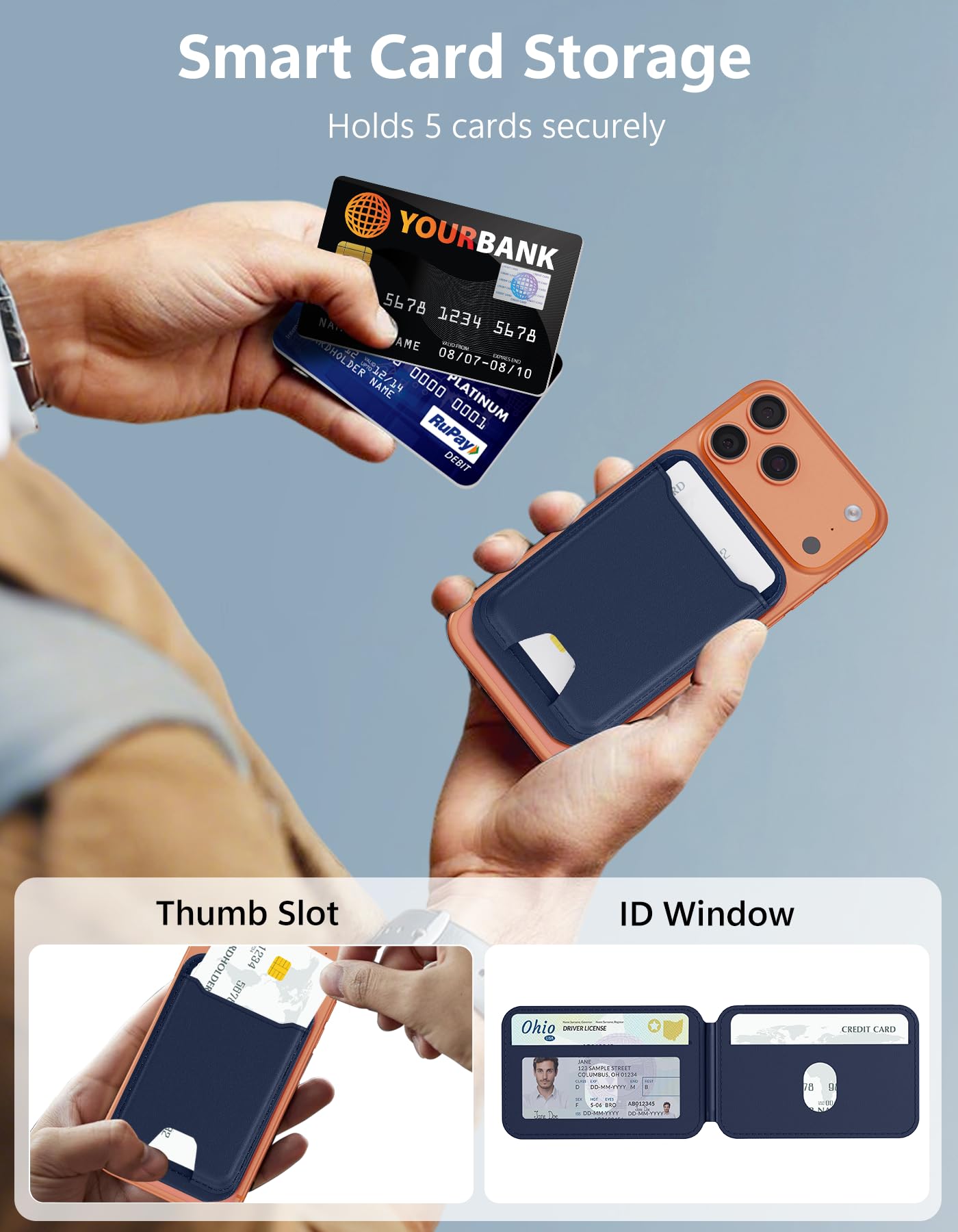 TopMade for MagSafe Wallet with Adjustable Stand, Magnetic Phone Card Holder for iPhone 17/16/15/14/13/12 Series, RFID Blocking Premium Leather, ID Window, Holds 5 Cards, Navy Blue