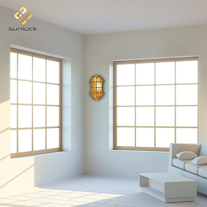 Sunluck Brass Bulkhead Light,Grid Oval Nautical Wall Sconces,Lampshade,Ceiling Mount Lighting,Brass Sauna Light Waterproof IP54,Rust Resistant,for Decoration Cafe,Bar,Porches,Patios,Restaurants