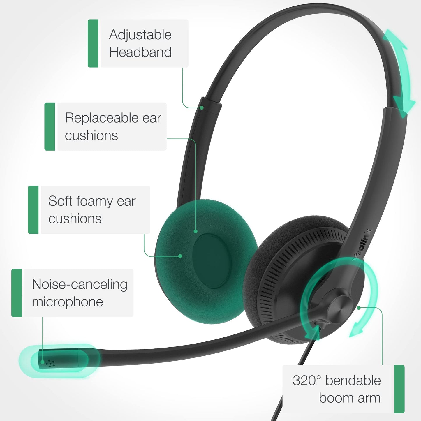 Yealink UH34 USB Headset with Mic,Stereo Wired Headphones with Noise Cancelling Microphone,Professional Work Headset VoIP Phone PC Computer Call Center Office(Ultra Light)