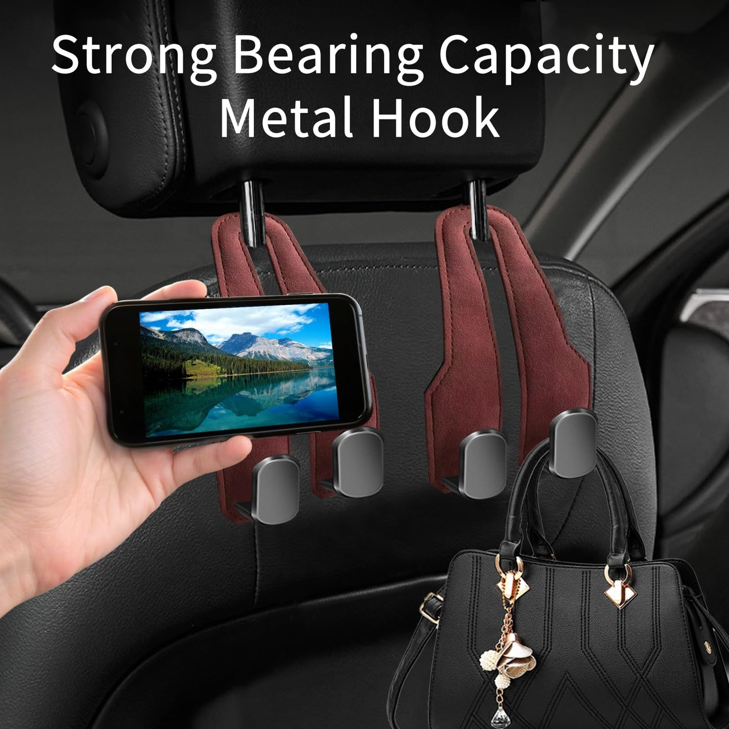RAOZBE Car Seat Headrest Hooks for Purses and Bags, 4 Pack Bag Purse Holder for Car With Double Metal Hooks, Car Purse Hanger, Headrest Back Seat Handbags Hook Cute Hanging Accessories, hot pink