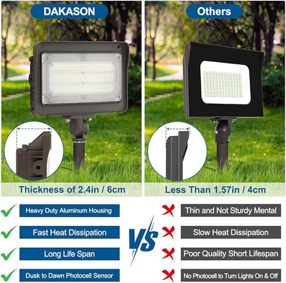 DAKASON 50W LED Flood Light Outdoor, Dusk-to-Dawn Photocell 180° Adjustable Knuckle, 6500LM 5000K Replaces 150-200W HPS/MH, IP65 Waterproof Outdoor Security Lighting Fixture, 100-277Vac, ETL Listed