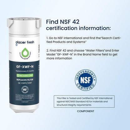 GLACIER FRESH Water Filter Compatible with XWFE (Built-in CHIP), Replacement for GE XWFE, XWF Refrigerator Water Filter NSF/ANSI 42 Certification Pack of 2