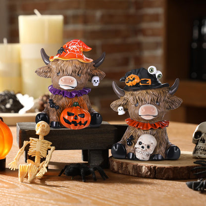 Karenhi 2 Pcs Highland Cow Figurines Halloween Pumpkin Skull Spider Highland Cow Gnomes Scottish Resin Statue Calf Lovers Gifts for Halloween Home Garden Kitchen Office Tiered Tray Table Decor