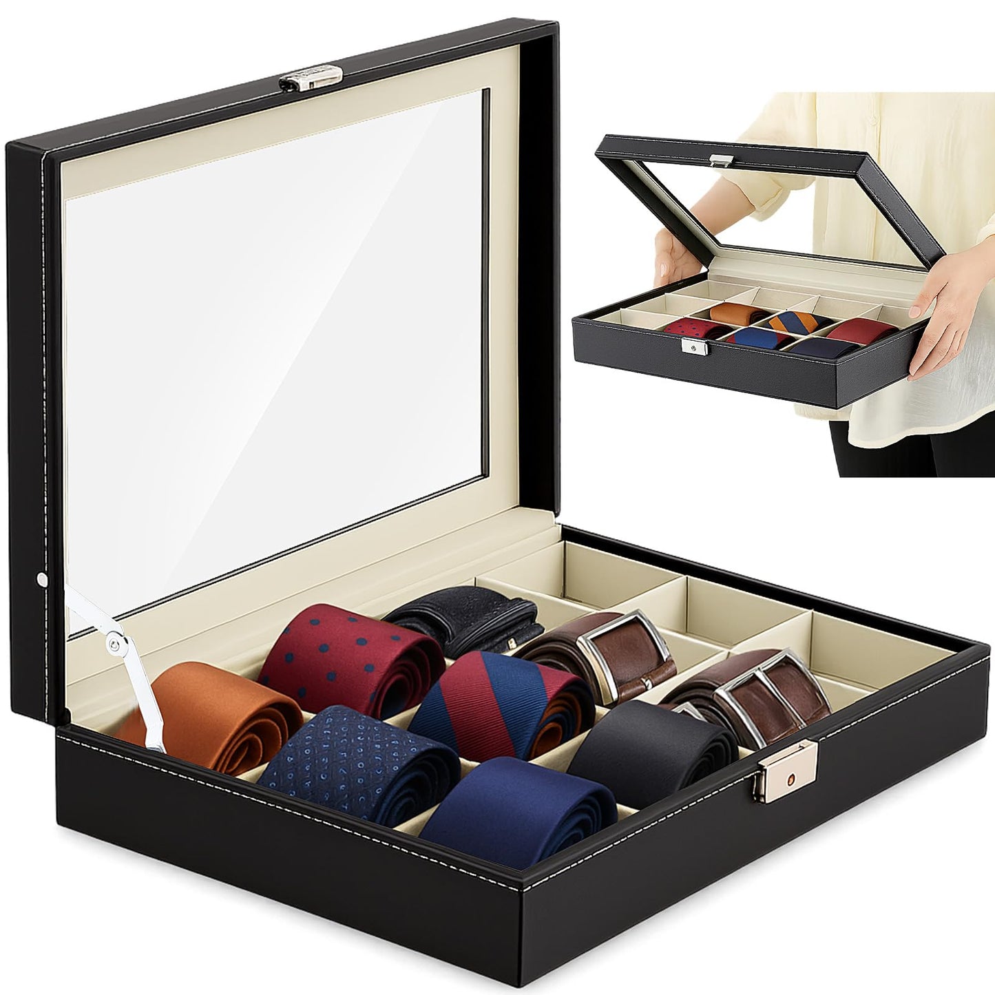 AceOrbit Luxury Tie Display Case with Glass Lid – 12 Slot Organizer for Men's Ties, Belts & Accessories, Lockable Dresser Storage Box, Elegant Gift for Husband or Father
