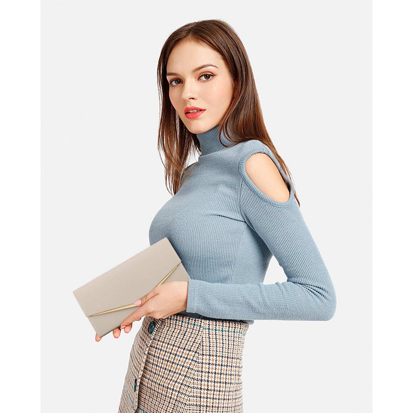 Women’s Evening Handbag Vegan Leather Ladies Envelope Clutch Classic Elegant Purse Bags Beige