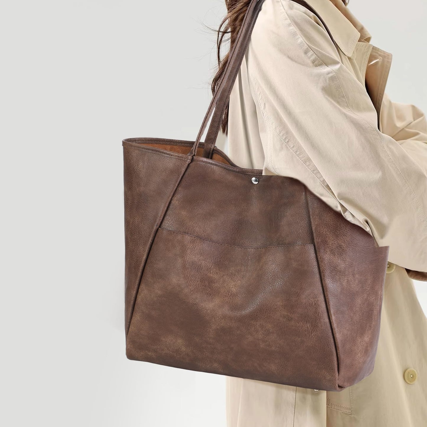 Large Tote Bag for Women Work 25L Travel Vegan Leather Ladies Handbags Weekender Purses Dark Brown