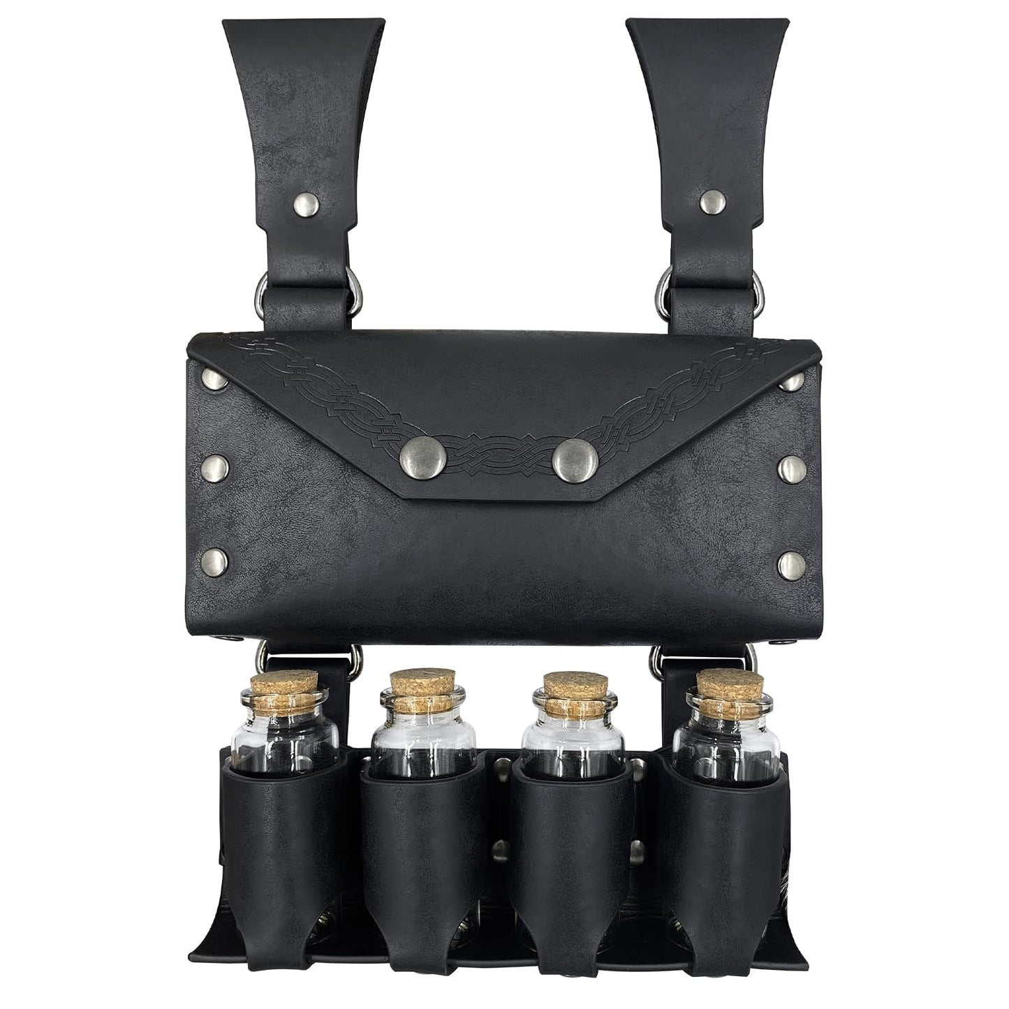HiiFeuer Medieval Alchemy Faux Leather Belt Bag with 4 Cork Potion Vials, Fantasy Wizard Waist Pouch Side Pack for Ren Faire (Black A)