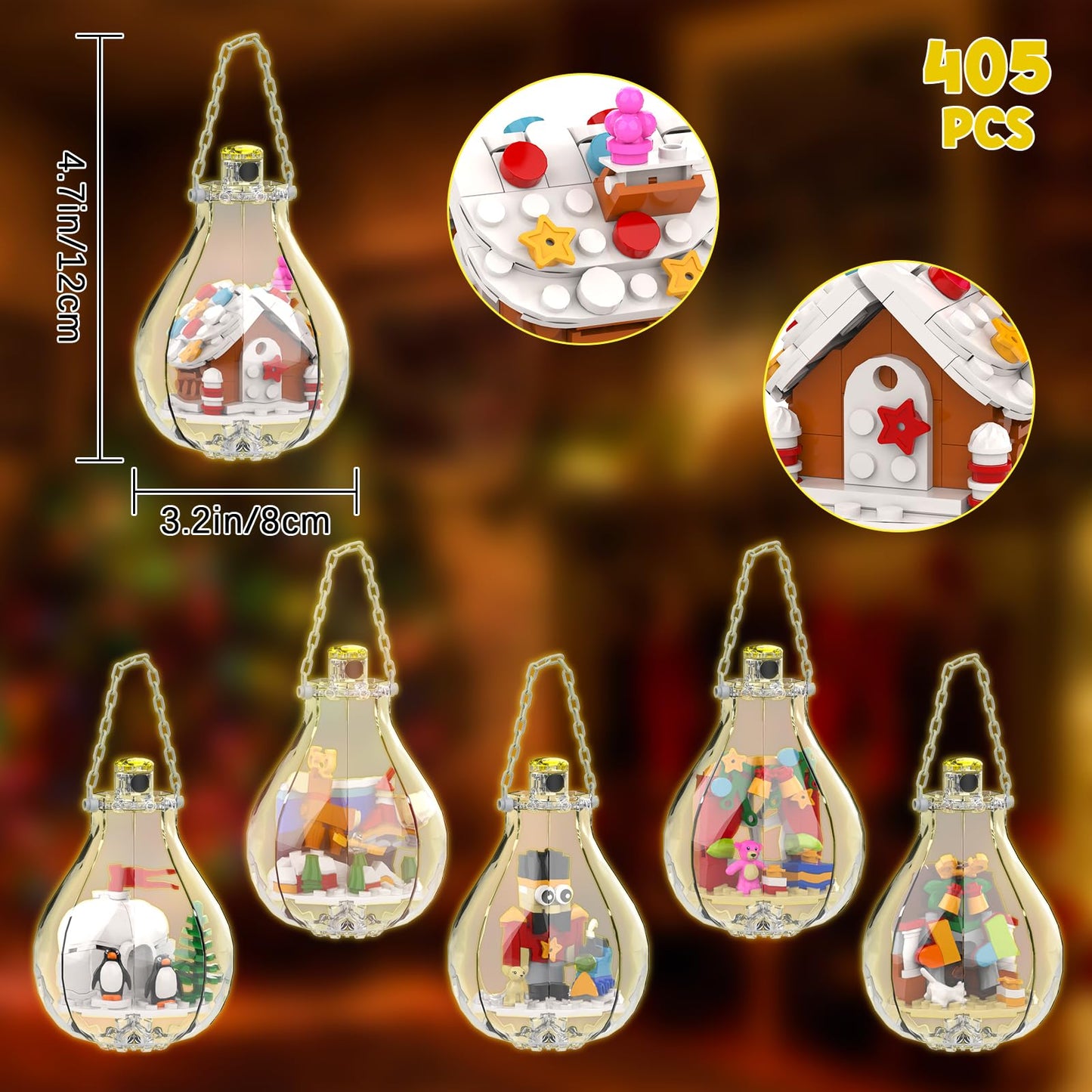 6 Pack Christmas Tree Bulb Ornament with Light Building Set, Including Gingerbread House, Penguin House, Christmas House, Fireplace, Nutcracker, Reindeer, Stocking Stuffer Toy Gifts for Kids.(405PCS)