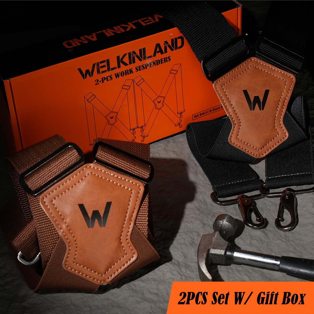 WELKINLAND 2-Piece Sets Black & Brown Work Suspenders, Heavy Duty Suspenders for Men, 2Inch-Wide Mens Suspenders Hooks Belt Loop for Seniors, Black Mens Suspender Jeans, Brown Suspender Men Gift