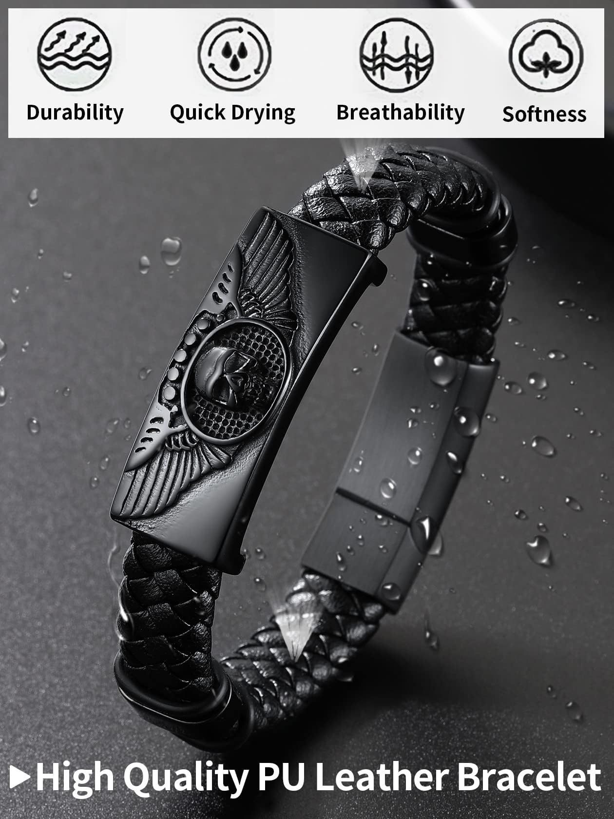 ChainsHouse Mens Braided Leather Black Bracelets Bangles, Wing Skull Bracelet for Dad Husband, 23cm