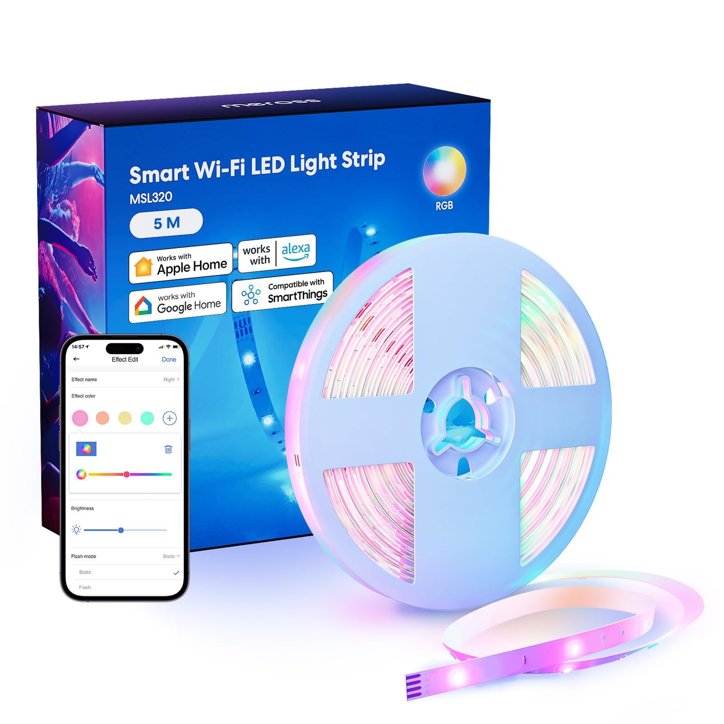 meross Smart LED Strip Lights Works with Apple HomeKit, 16.4ft WiFi RGB Strip, Compatible with Siri, Alexa&Google and SmartThings, App Control, Color Changing Led Strips for Bedroom, TV