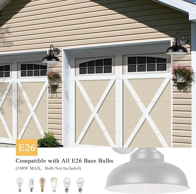 Dusk to Dawn Outdoor Gooseneck Barn Light Outdoor Wall Sconce Farmhouse Exterior Wall Mount Light Vintage Outside Wall Lighting Fixture Industrial Black White Lantern for Porch Garage,1 Pack