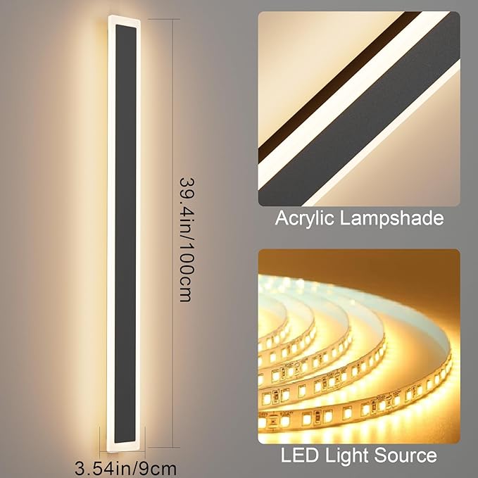 Tipace 2 Pack Outdoor Wall Sconces 39.4IN Long Modern LED Wall Light with Frosted Acrylic Waterproof IP65 Warm White Black Exterior Wall Light for Patio,Porch(3000K)