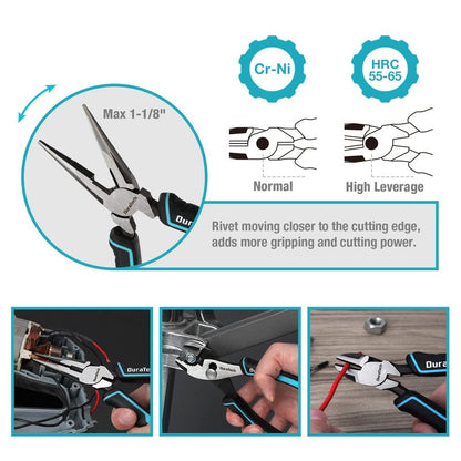 DURATECH 5-Piece Cr-Ni Pliers Set, 6" Long Nose, Slip Joint, Diagonal Cutting, 8" Linesman, Groove Joint Pliers, Easy Storage Oxford Rolling Pouch