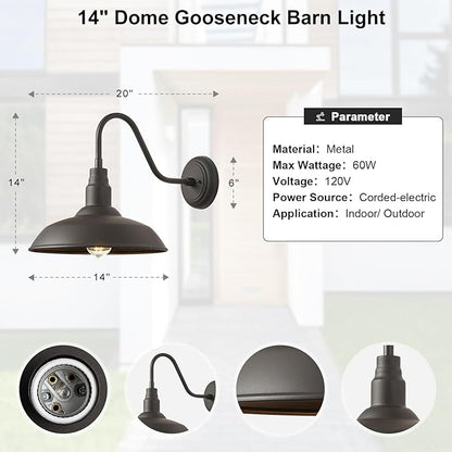 14in Dome Outdoor Gooseneck Lights for Barn, Dark Bronze Exterior Farmhouse Light Fixture with Wall Mount, Outside Goose Neck Wall Sconce for Patio, Porch, Entryway