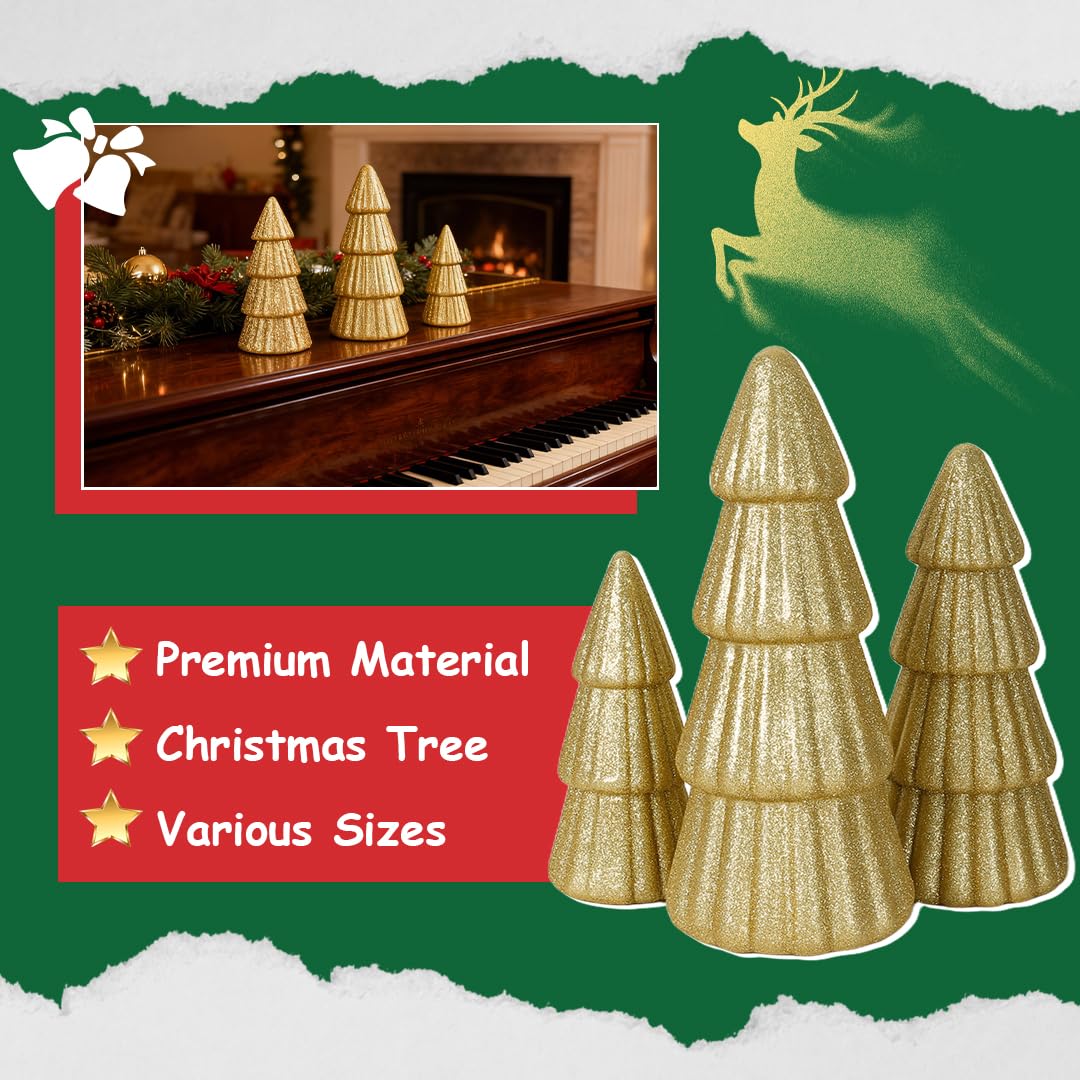Joyhalo Tabletop Christmas Trees, Set of 3 Frosted Christmas Trees Indoor Xmas Decoration Centerpieces for Table, Mantel, Holiday, Party and Home Decor, Gold