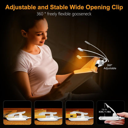 Gritin Rechargeable Book Light for Reading in Bed with 19 LED &Memory Function-Eye Caring 3 Color Temperatures,5 Brightness Levels,90 Hrs Runtime Flexible Goose Neck Clip on Light-White