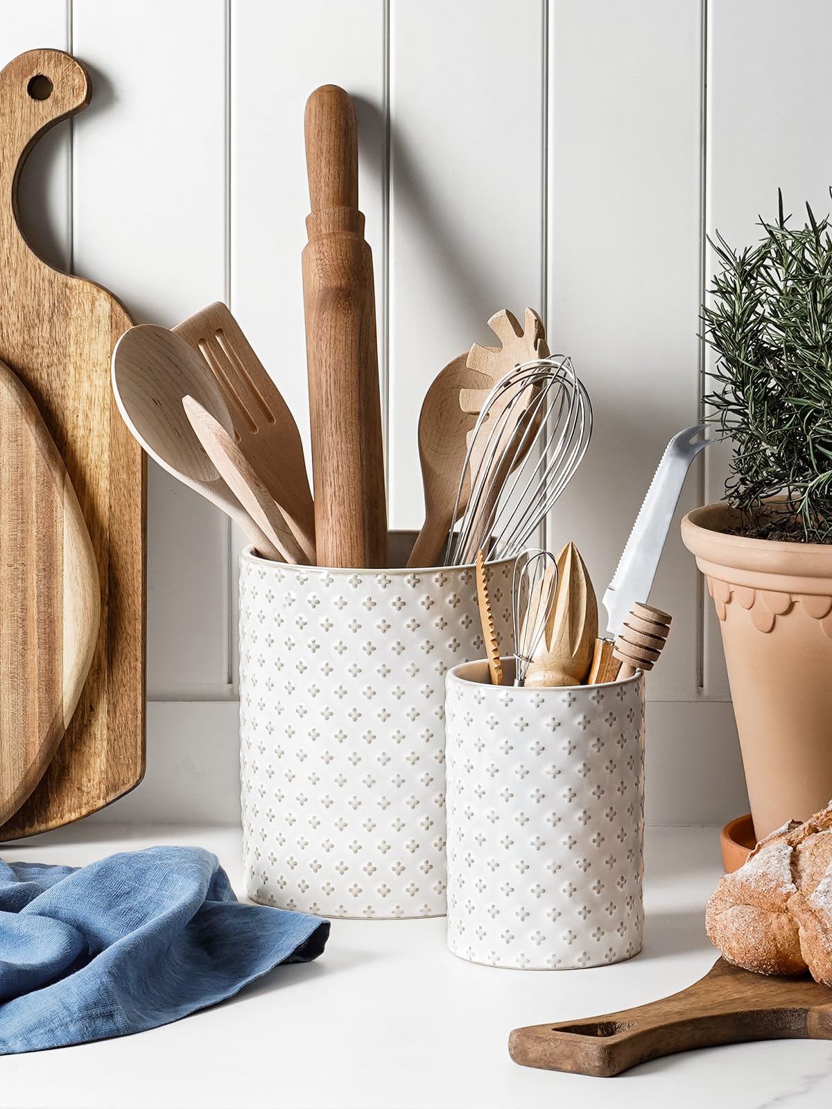 LE TAUCI Kitchen Utensil Holder for Countertop - 7.1"+5.4" Ceramic Utensil Crock Set of 2, Large Cooking Utensil Organizer for Spatula, Spoon, Whisk - Farmhouse Storage, Embossed, Clover